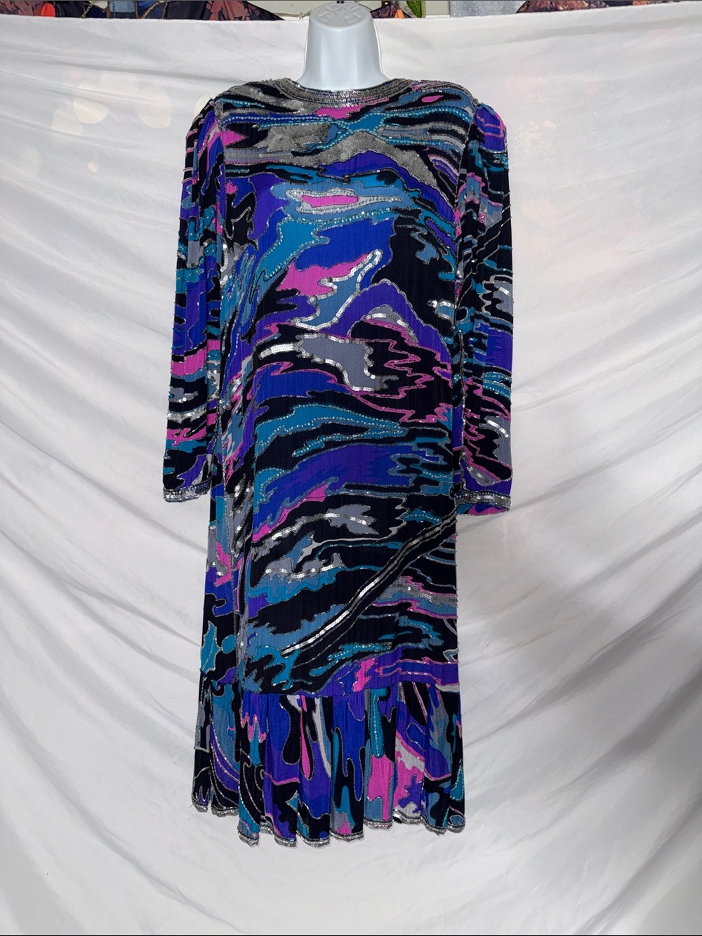 Long Sleeve Abstract Wave Dress in Blue & Purple